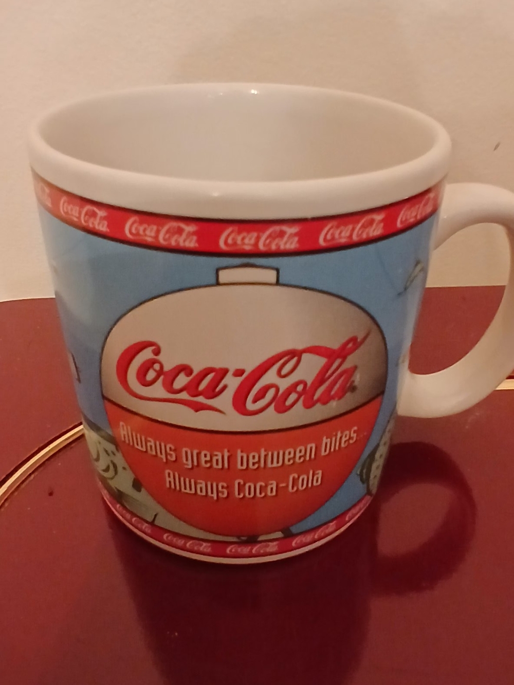 Vintage 1997 Coca Cola Blue and Red Ceramic Coffee Mug Cup Excellent